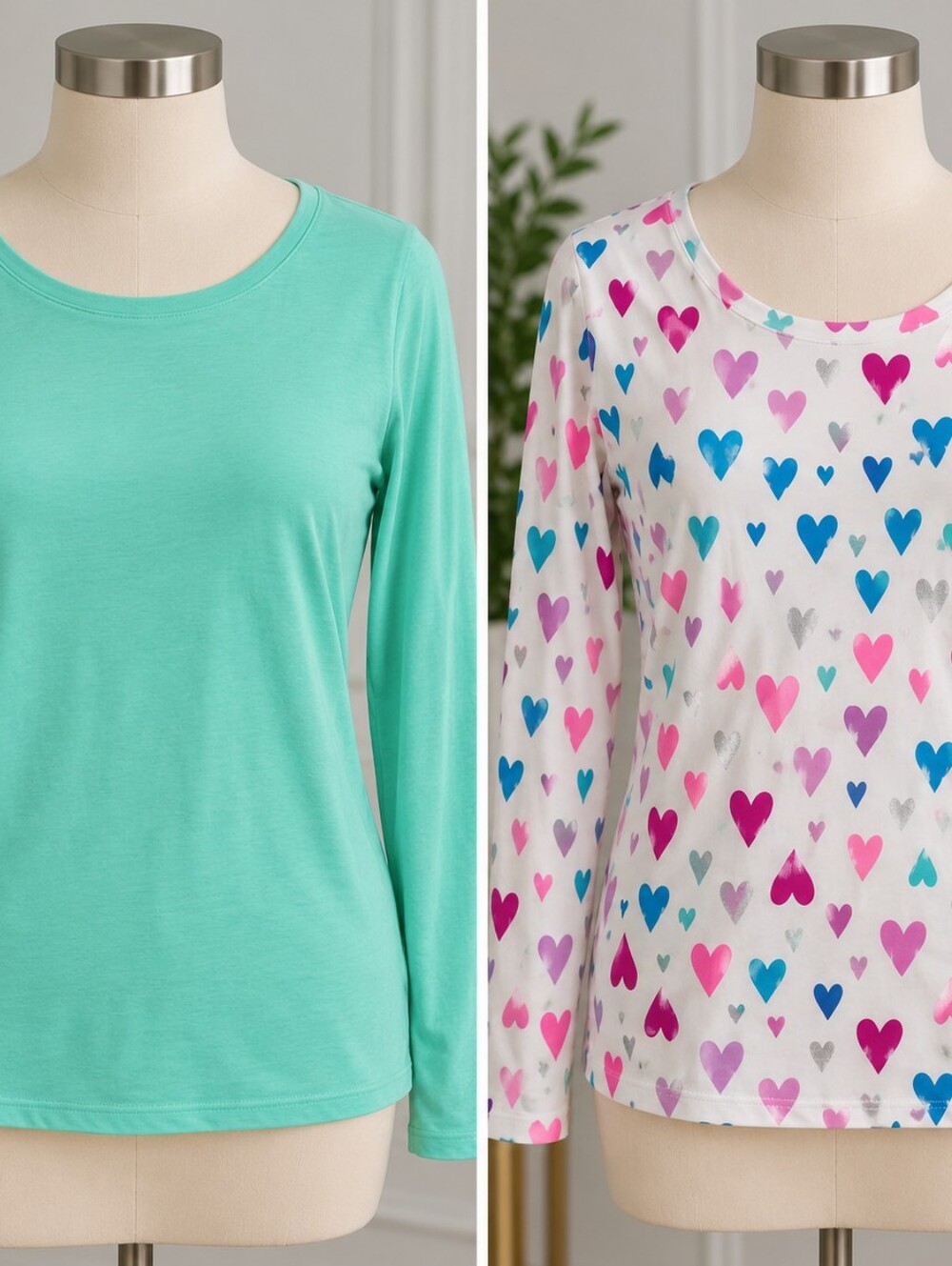 SO Womens Long-Sleeve Tees - Mint Solid & White Heart Print